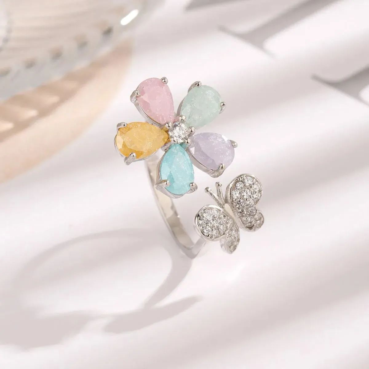 925 Sterling Silver Jewelry 925 Sterling Silver Inlaid Zircon Flower & Butterfly Ring