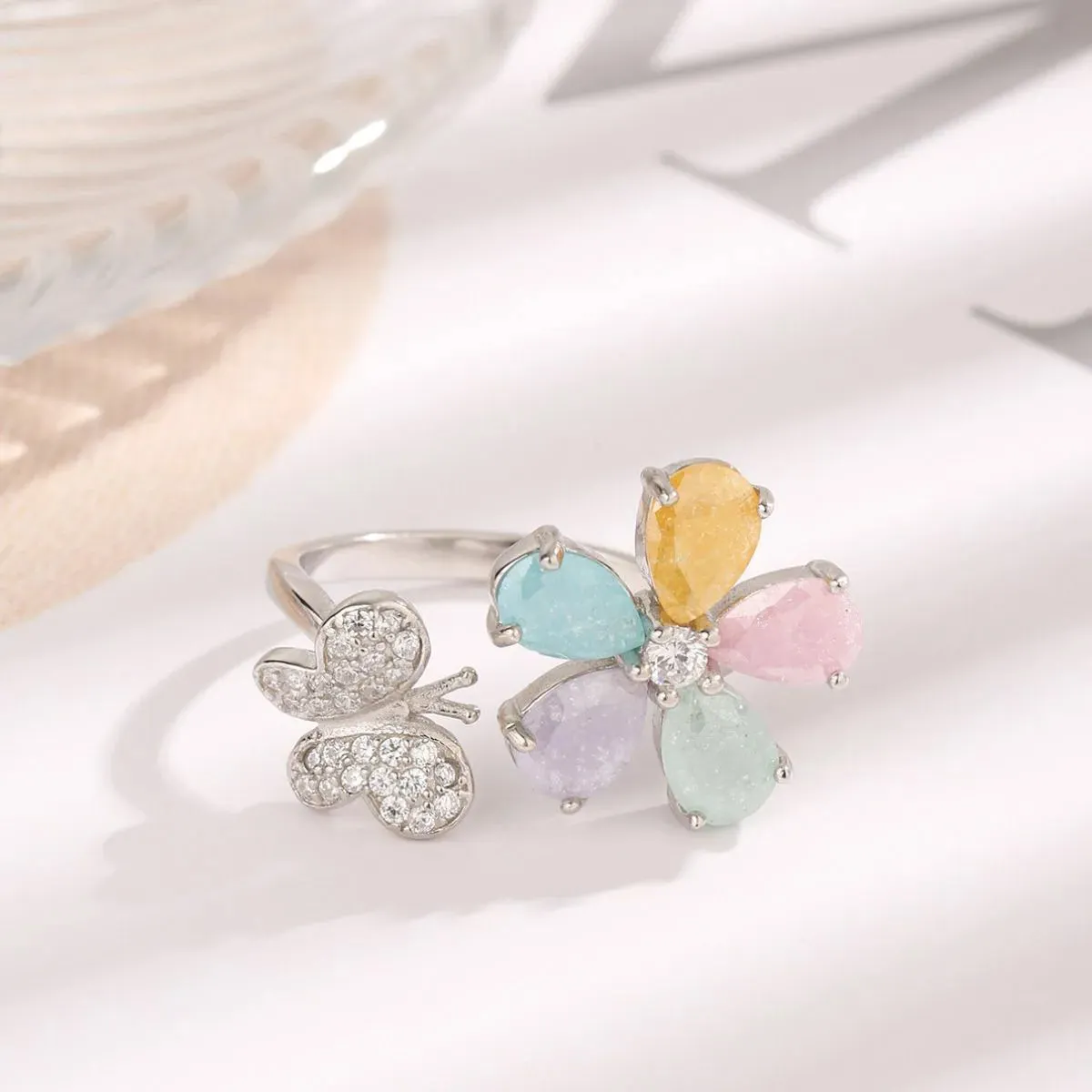 925 Sterling Silver Jewelry 925 Sterling Silver Inlaid Zircon Flower & Butterfly Ring