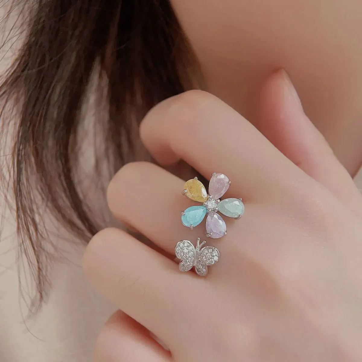 925 Sterling Silver Jewelry 925 Sterling Silver Inlaid Zircon Flower & Butterfly Ring