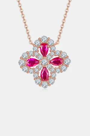 925 Sterling Silver Jewelry 925 Sterling Silver Lab-Grown Ruby Flower Shape Necklace