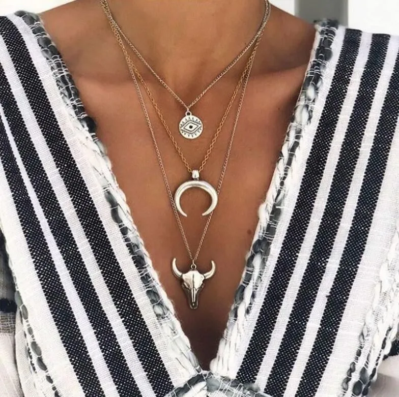 925 Sterling Silver Jewelry Alloy Three-Layered Bull Head Pendant Necklace