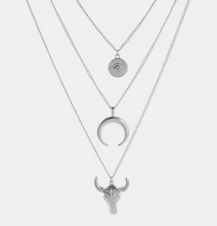 925 Sterling Silver Jewelry Alloy Three-Layered Bull Head Pendant Necklace