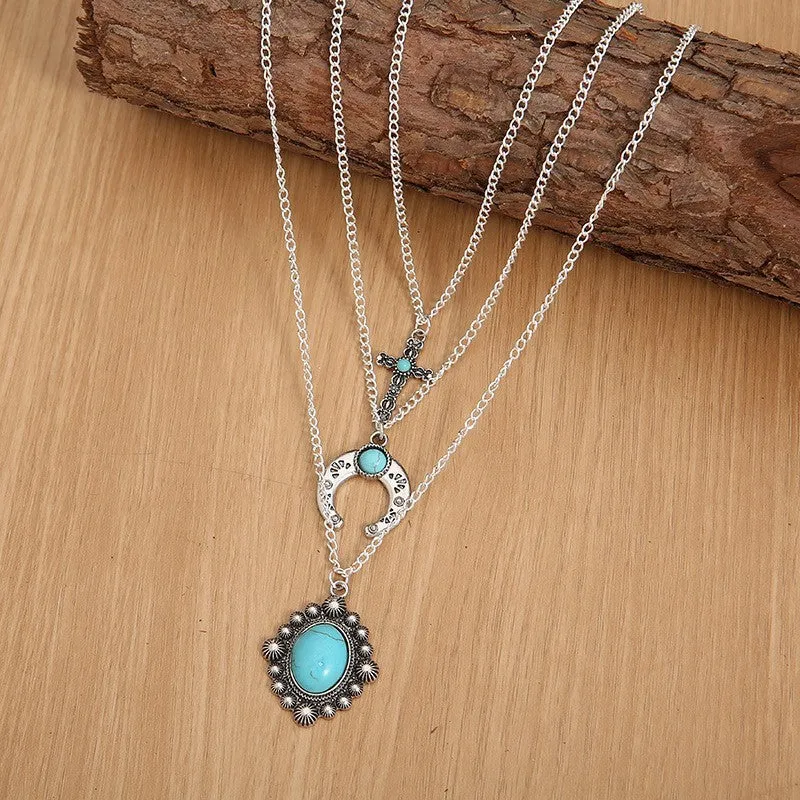 925 Sterling Silver Jewelry Artificial Turquoise Alloy Three-Layered Necklace