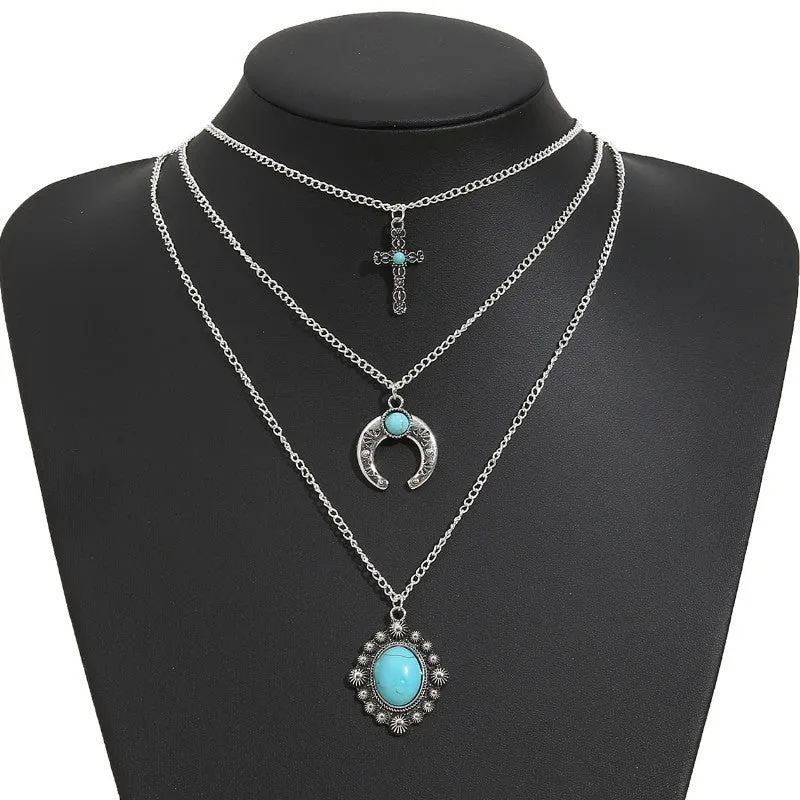925 Sterling Silver Jewelry Artificial Turquoise Alloy Three-Layered Necklace