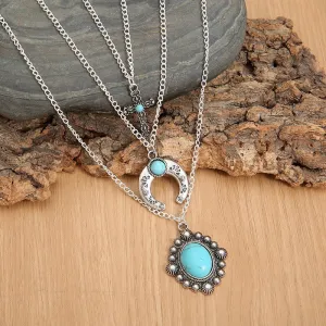 925 Sterling Silver Jewelry Artificial Turquoise Alloy Three-Layered Necklace