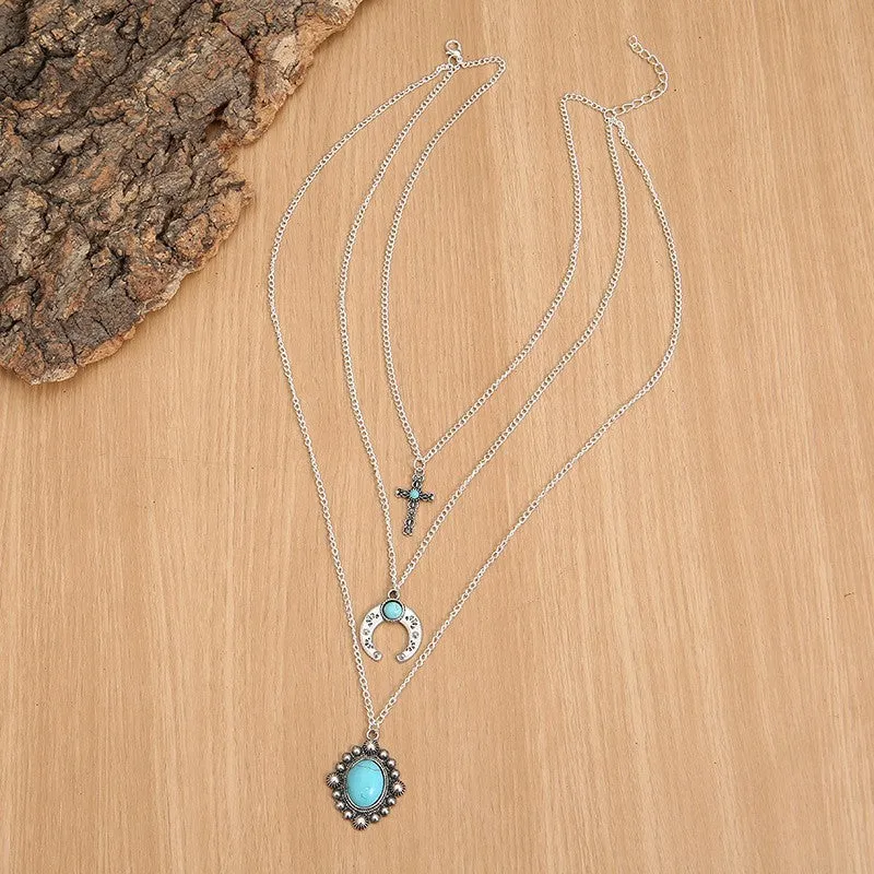 925 Sterling Silver Jewelry Artificial Turquoise Alloy Three-Layered Necklace
