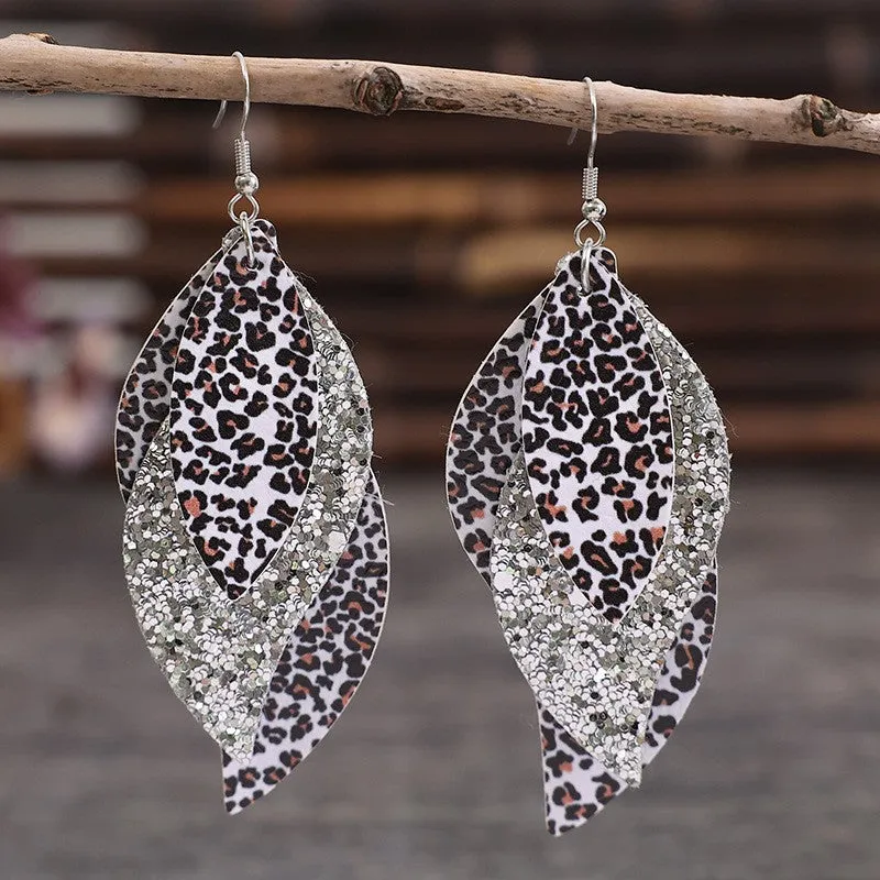 925 Sterling Silver Jewelry PU Leather Leopard Leaf Earrings