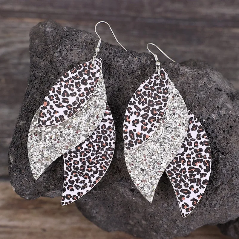 925 Sterling Silver Jewelry PU Leather Leopard Leaf Earrings