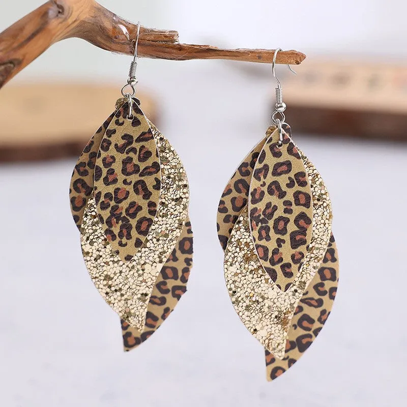 925 Sterling Silver Jewelry PU Leather Leopard Leaf Earrings