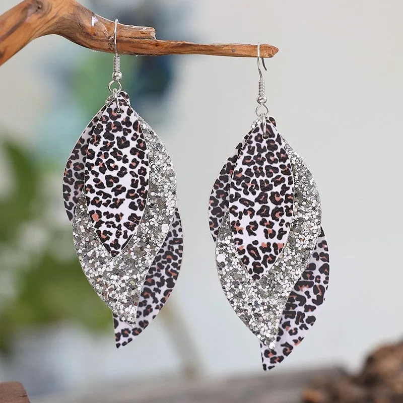 925 Sterling Silver Jewelry PU Leather Leopard Leaf Earrings