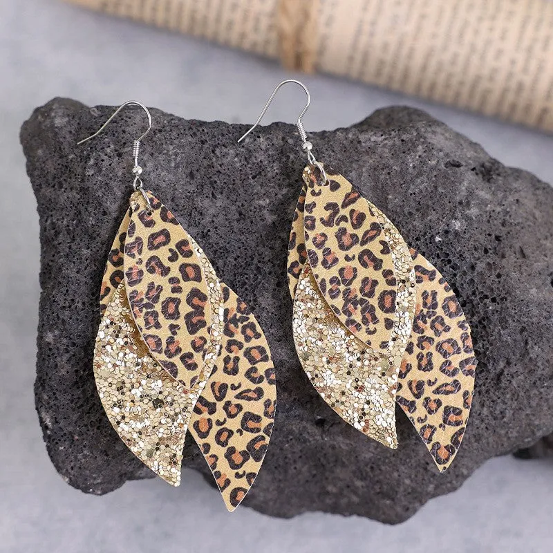 925 Sterling Silver Jewelry PU Leather Leopard Leaf Earrings