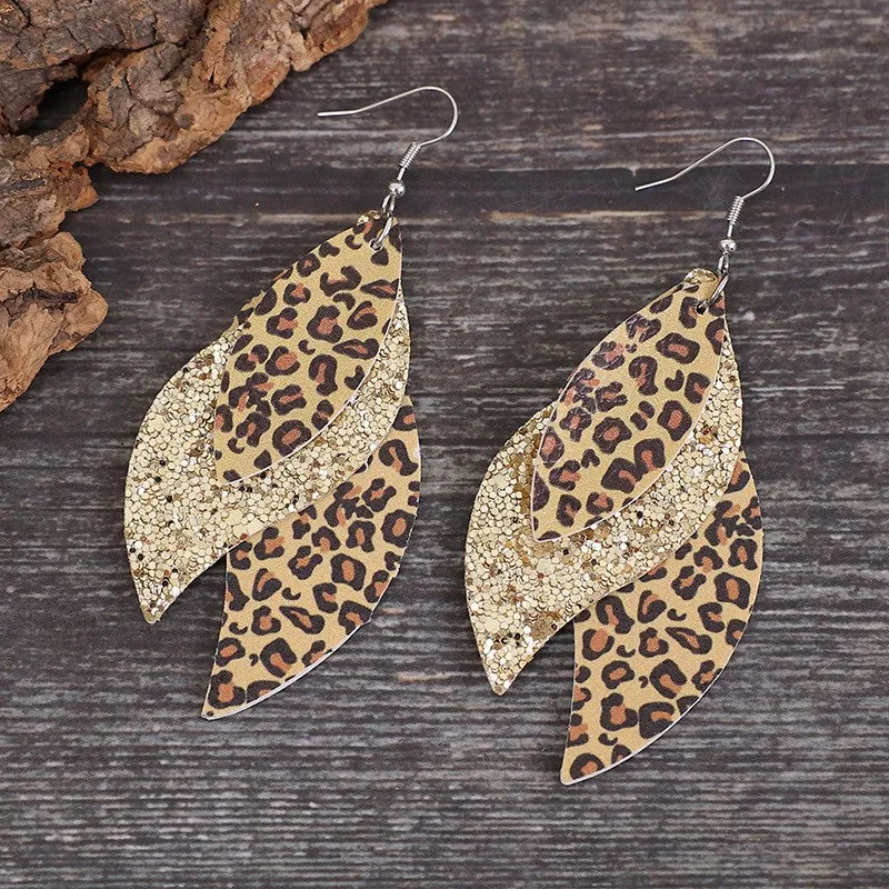 925 Sterling Silver Jewelry PU Leather Leopard Leaf Earrings
