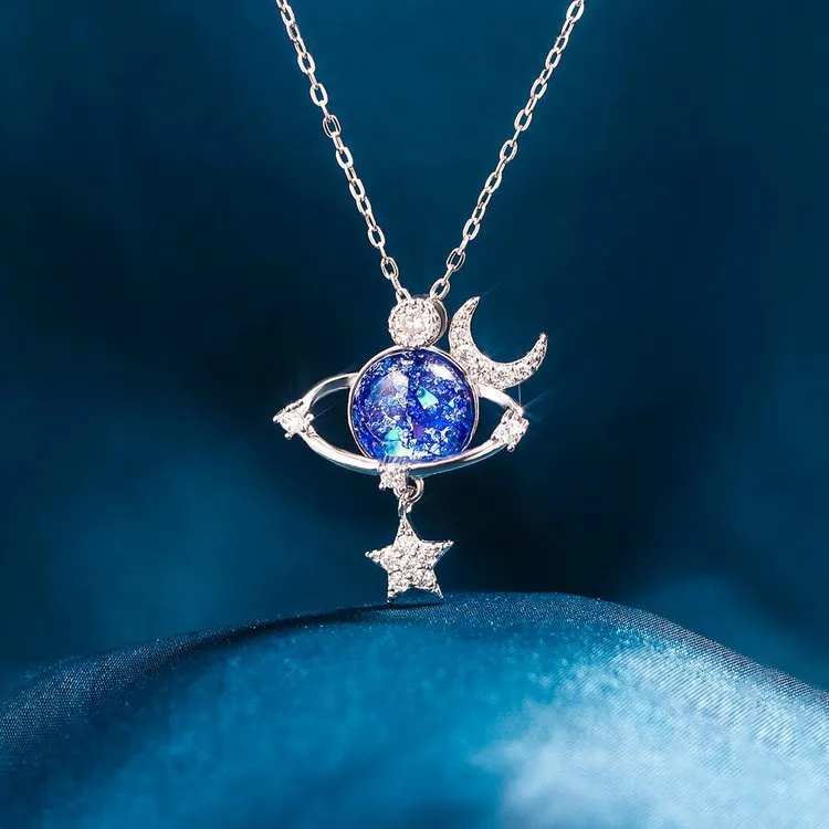 925 Sterling Silver Jewelry Starry Sky Inlaid Zircon Moon Star Necklace