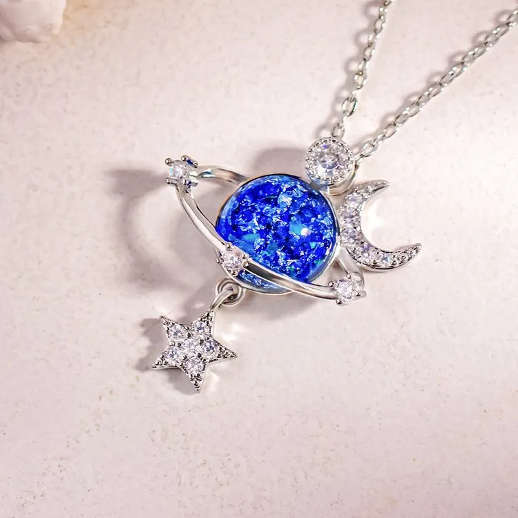 925 Sterling Silver Jewelry Starry Sky Inlaid Zircon Moon Star Necklace