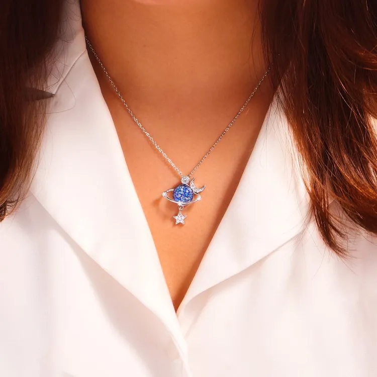 925 Sterling Silver Jewelry Starry Sky Inlaid Zircon Moon Star Necklace