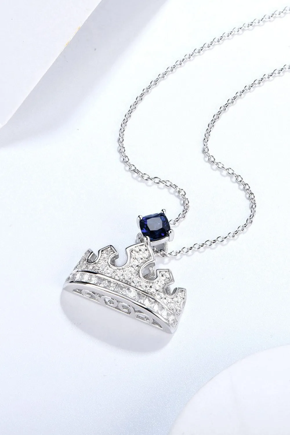 925 Sterling Silver Jewelry Zircon Lab-Grown Sapphire Crown Shape Pendant Necklace