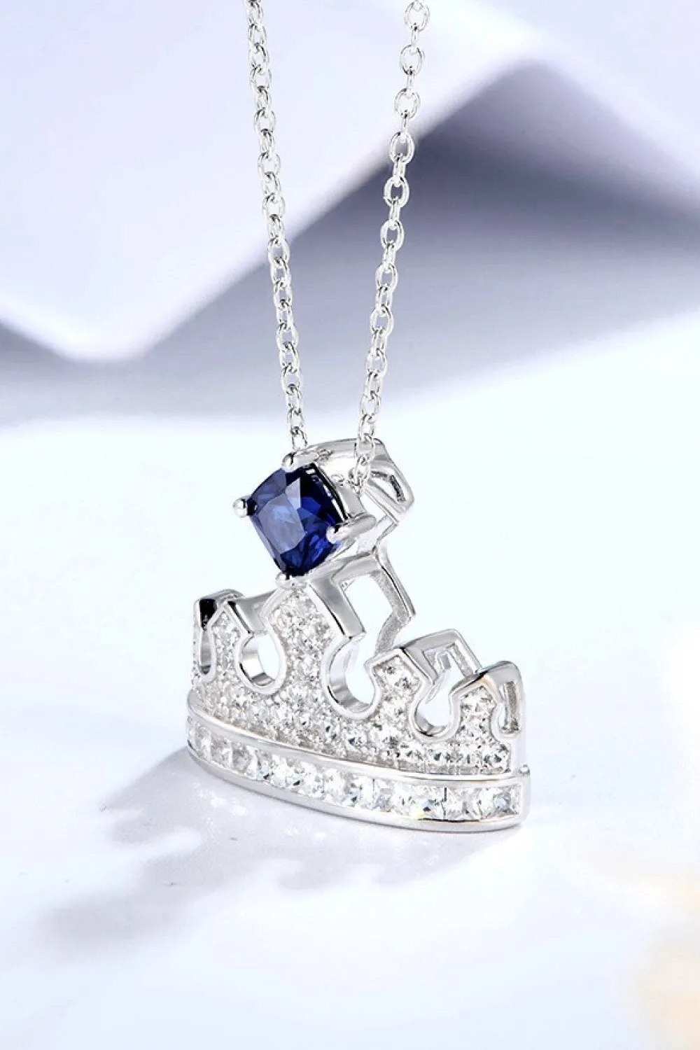 925 Sterling Silver Jewelry Zircon Lab-Grown Sapphire Crown Shape Pendant Necklace
