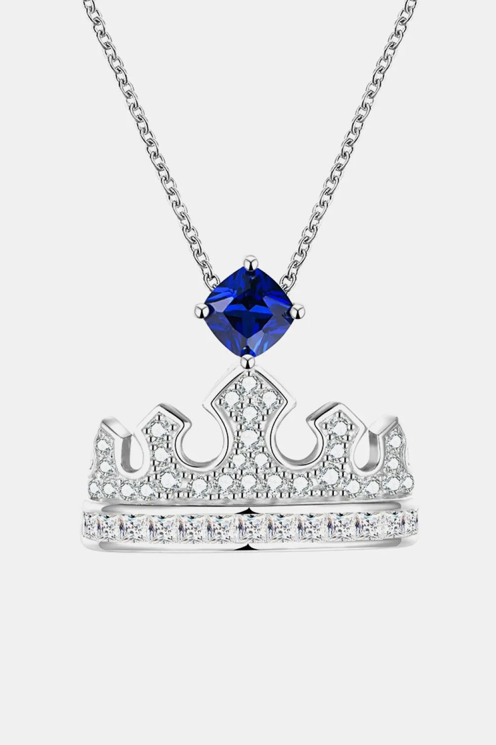 925 Sterling Silver Jewelry Zircon Lab-Grown Sapphire Crown Shape Pendant Necklace
