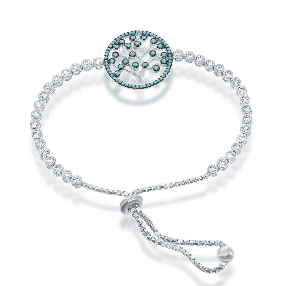 Classic Jewelry Sterling Silver Adjustable Round Turquoise and CZ Tree Bracelet