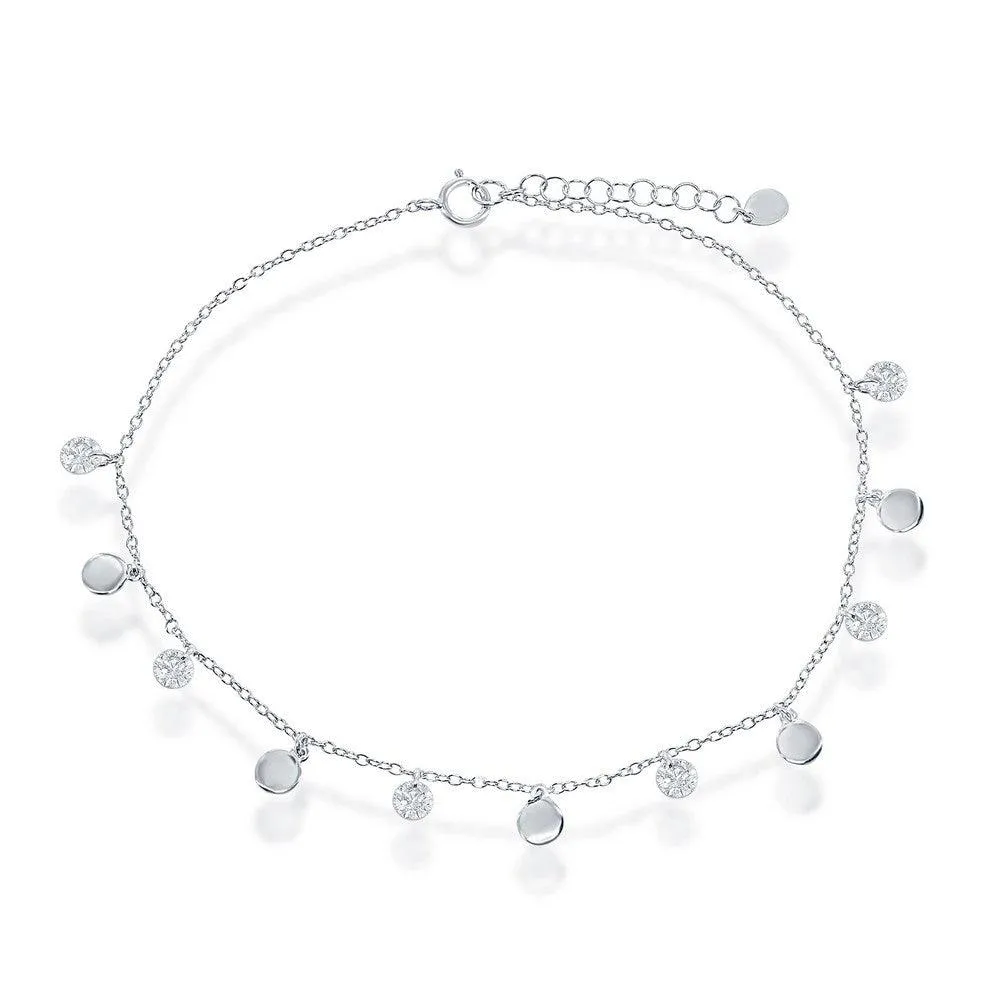 Classic Jewelry Sterling Silver Alternating Cubic Zirconia and Shiny Disc Anklet