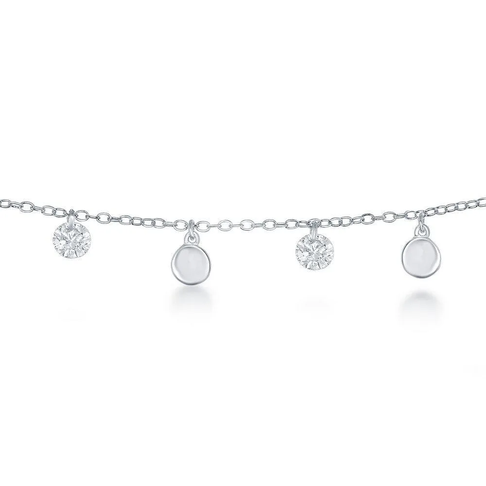 Classic Jewelry Sterling Silver Alternating Cubic Zirconia and Shiny Disc Anklet