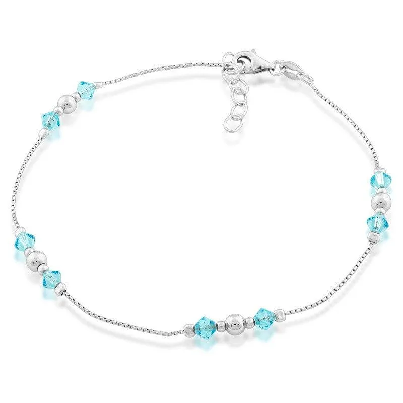 Classic Jewelry Sterling Silver Beads with Blue Crystals Anklet