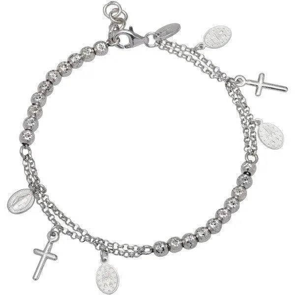 Classic Jewelry Sterling Silver Beads with Cross and Medal Charm Bracelet