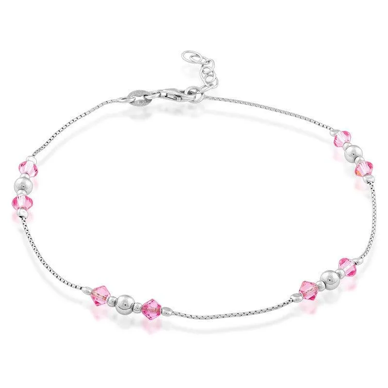 Classic Jewelry Sterling Silver Beads with Pink Crystals Anklet