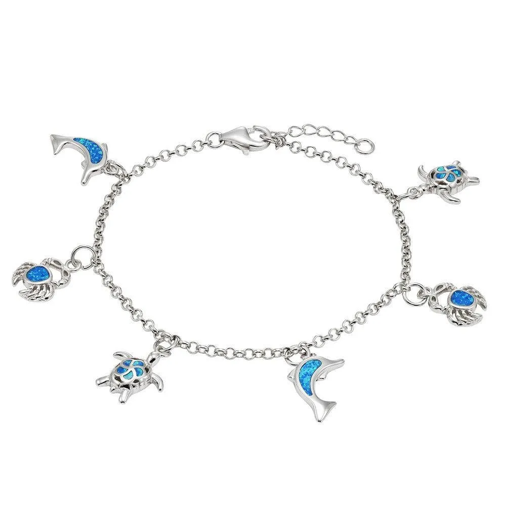 Classic Jewelry Sterling Silver Blue Inlay Opal Hanging Sea-Life Charms Bracelet