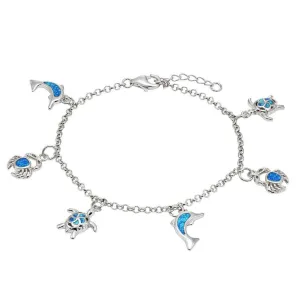Classic Jewelry Sterling Silver Blue Inlay Opal Hanging Sea-Life Charms Bracelet