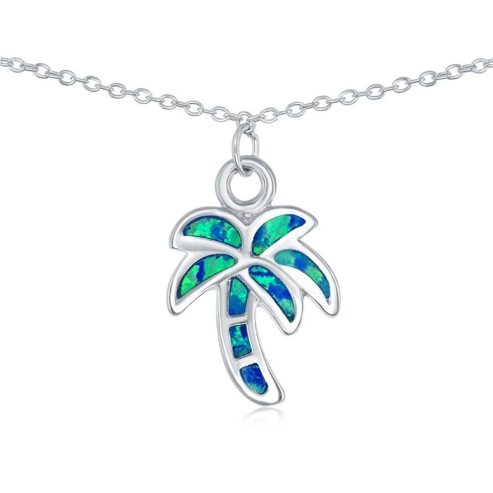 Classic Jewelry Sterling Silver Blue Inlay Opal Palm Tree Anklet