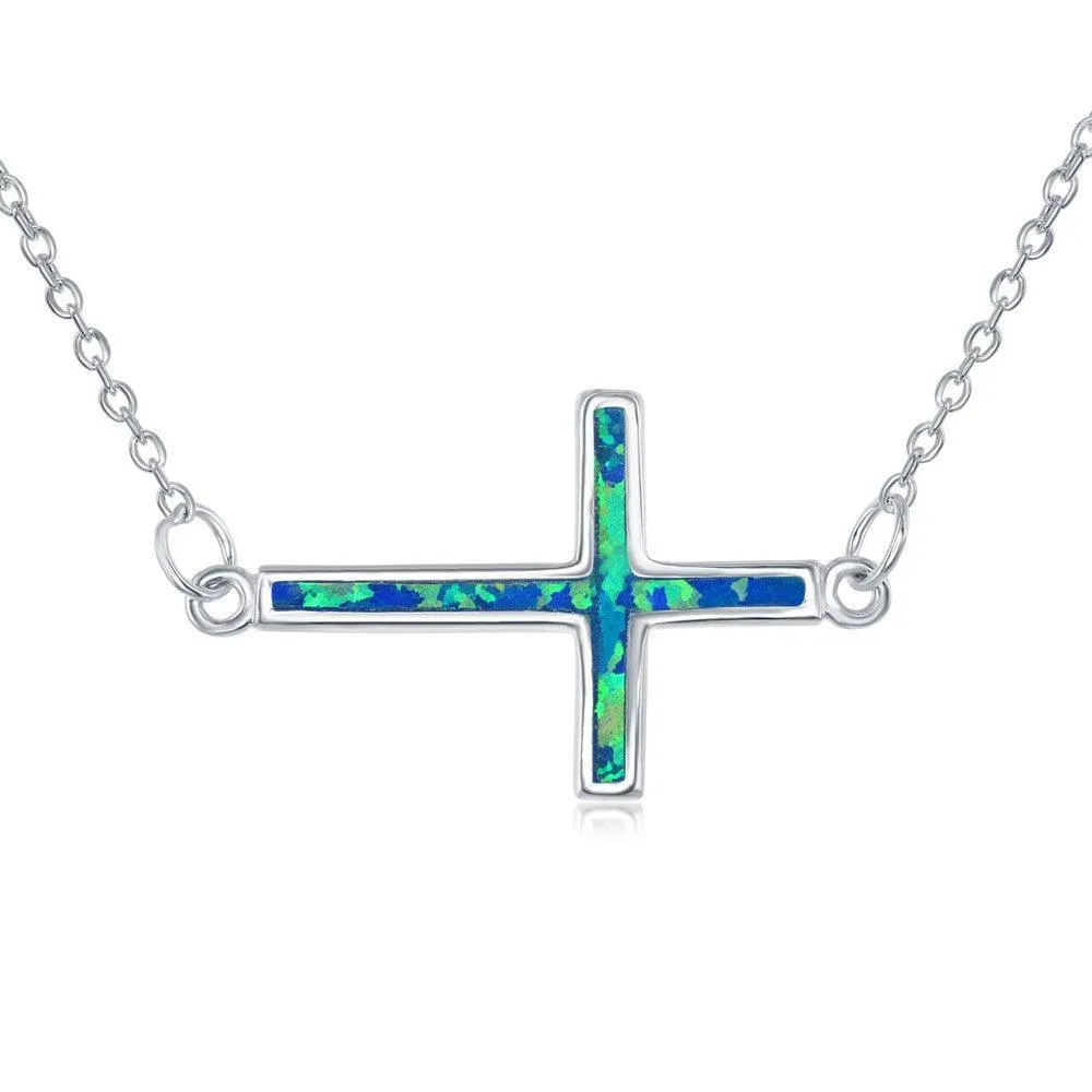 Classic Jewelry Sterling Silver Blue Inlay Opal Sideways Cross Choker Necklace