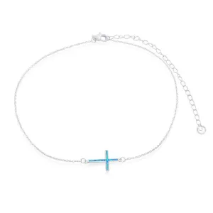 Classic Jewelry Sterling Silver Blue Inlay Opal Sideways Cross Choker Necklace