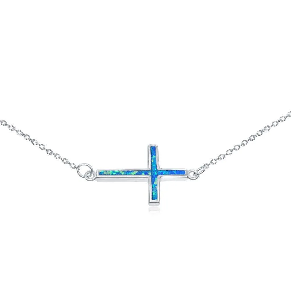 Classic Jewelry Sterling Silver Blue Inlay Opal Sideways Cross Choker Necklace