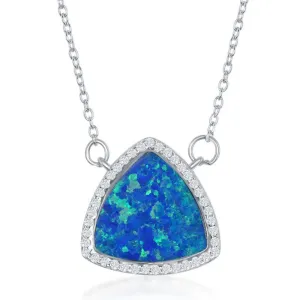 Classic Jewelry Sterling Silver Blue Inlay Opal Triangle with CZ Border Necklace