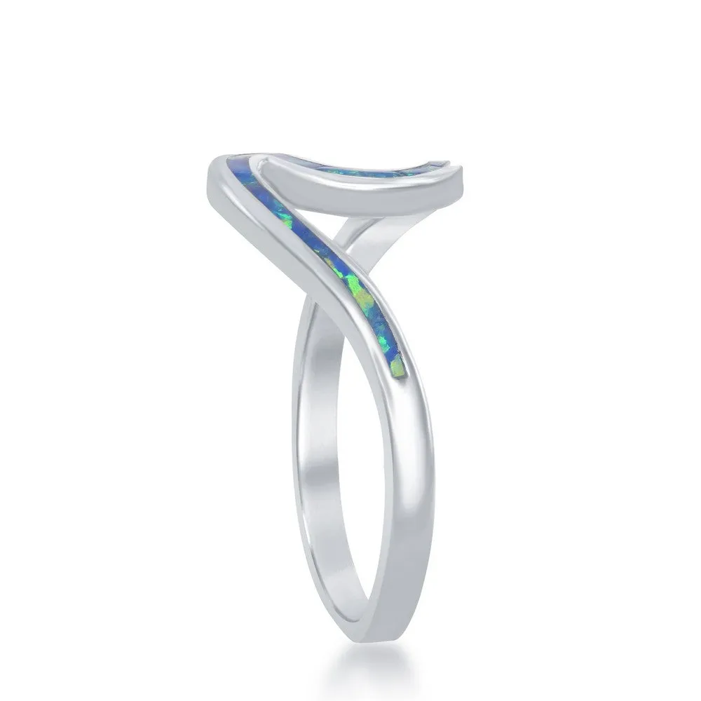 Classic Jewelry Sterling Silver Blue Inlay Opal Wave Design Ring - W-1886