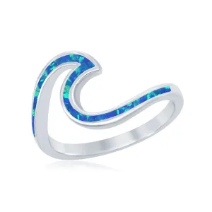 Classic Jewelry Sterling Silver Blue Inlay Opal Wave Design Ring - W-1886