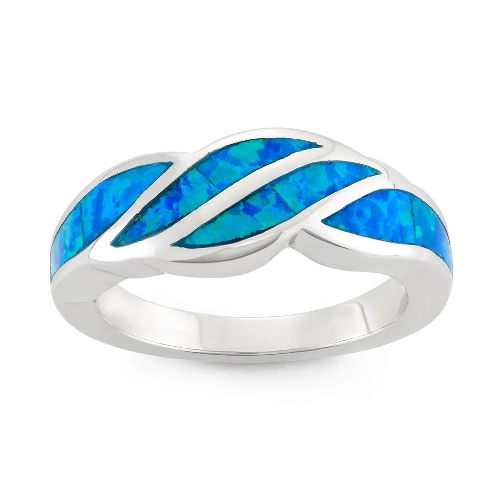 Classic Jewelry Sterling Silver Blue Inlay Opal Wave Design Ring