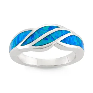Classic Jewelry Sterling Silver Blue Inlay Opal Wave Design Ring