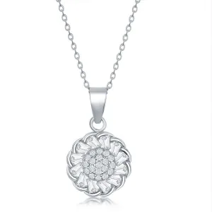 Classic Jewelry Sterling Silver Center and Baguette CZ Border Flower Necklace
