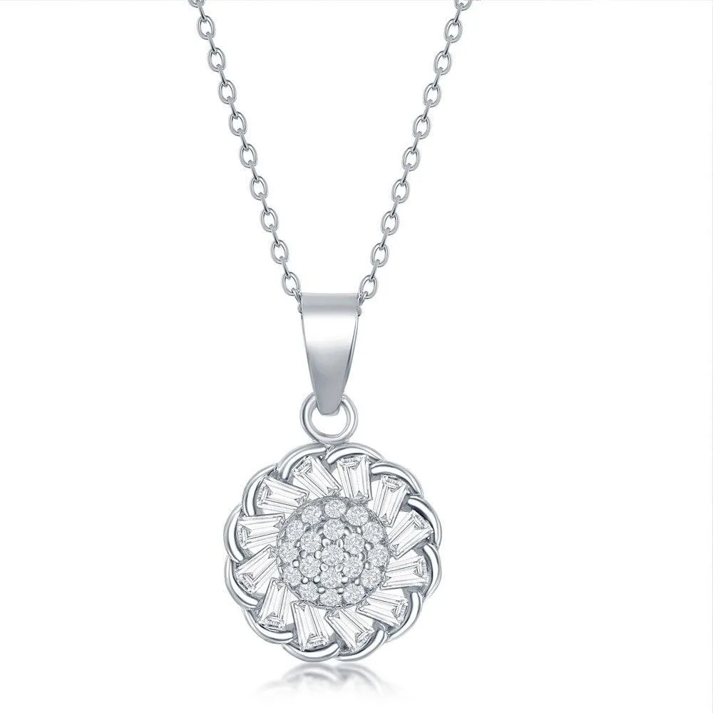 Classic Jewelry Sterling Silver Center and Baguette CZ Border Flower Necklace