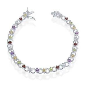 Classic Jewelry Sterling Silver Circle Linked Bracelet with Multicolor Gemstones