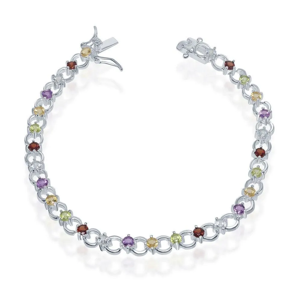 Classic Jewelry Sterling Silver Circle Linked Bracelet with Multicolor Gemstones