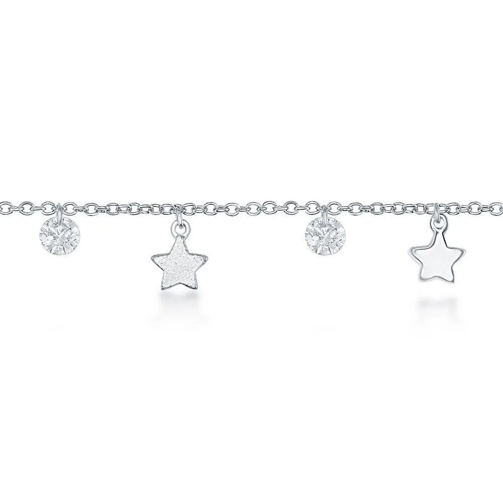 Classic Jewelry Sterling Silver Cubic Zirconia with Shiny and Matte Stars Anklet