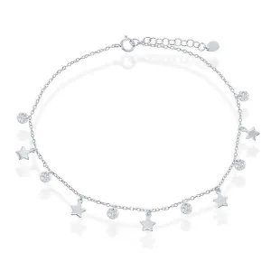 Classic Jewelry Sterling Silver Cubic Zirconia with Shiny and Matte Stars Anklet