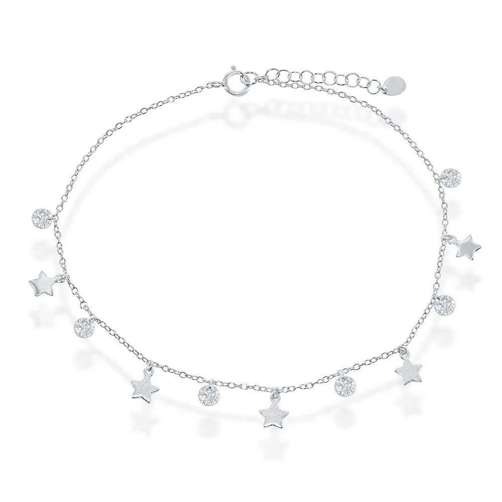 Classic Jewelry Sterling Silver Cubic Zirconia with Shiny and Matte Stars Anklet