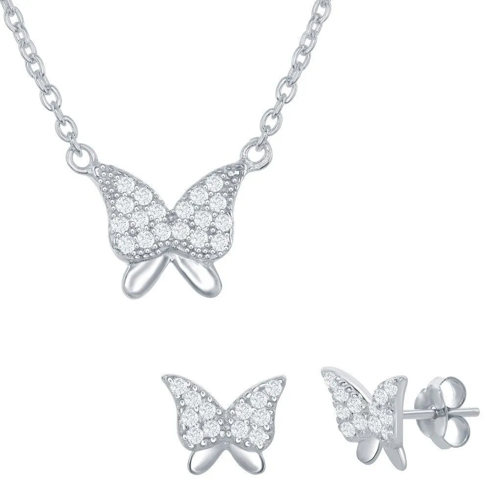 Classic Jewelry Sterling Silver CZ Butterfly Necklace and Earrings Set