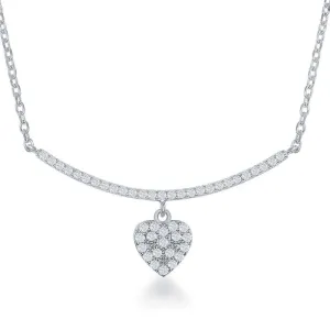 Classic Jewelry Sterling Silver CZ Curved Bar with Dangling Heart Necklace