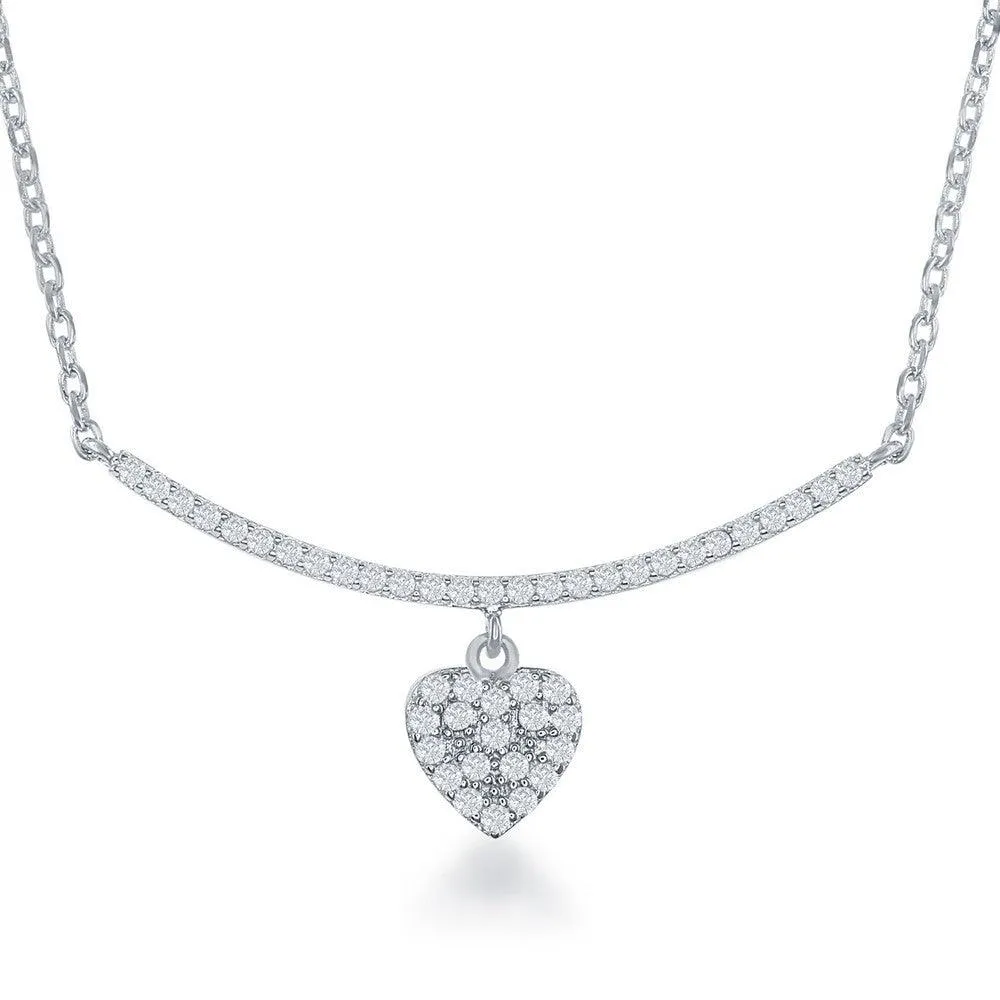 Classic Jewelry Sterling Silver CZ Curved Bar with Dangling Heart Necklace