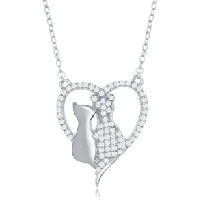 Classic Jewelry Sterling Silver CZ Heart with Two Center Cats Necklace